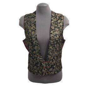 Vest - Black and Metallic Gold Brocade Fabric Burgundy Lining - Medium - Unisex
